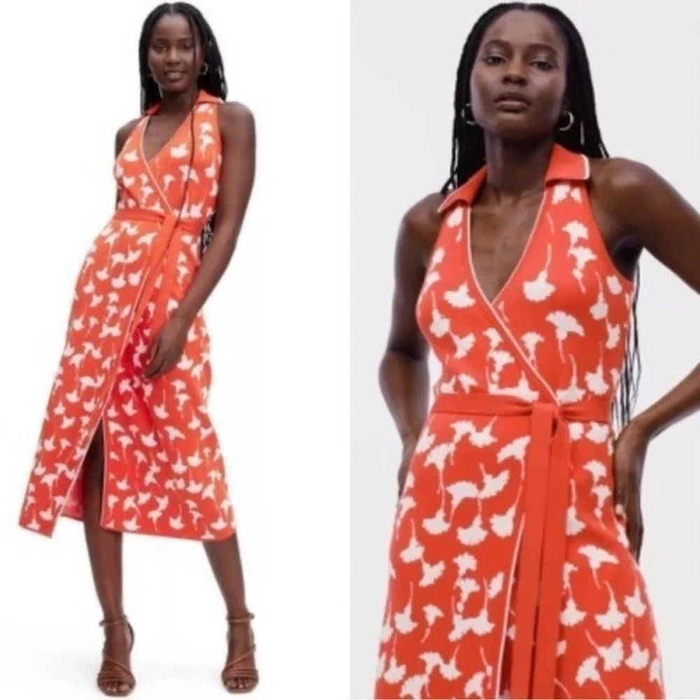 Diane von Furstenberg Target Ginkgo Leaf Sweater Knit Wrap Midi Dress Size S